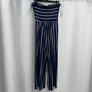 Hem And Thread Strapless Smocked Blue Stripe Jumpsuit. Cropped Wide Leg Summer